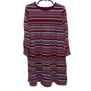 Lands End Girls Size 6 Striped Long Sleeve Cotton Dress Red & Blue